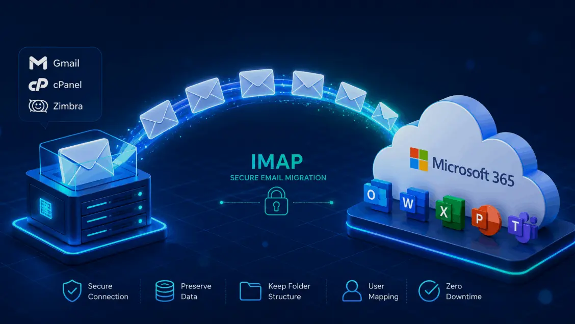 Illustration of an IMAP migration moving email from an IMAP server to Microsoft 365