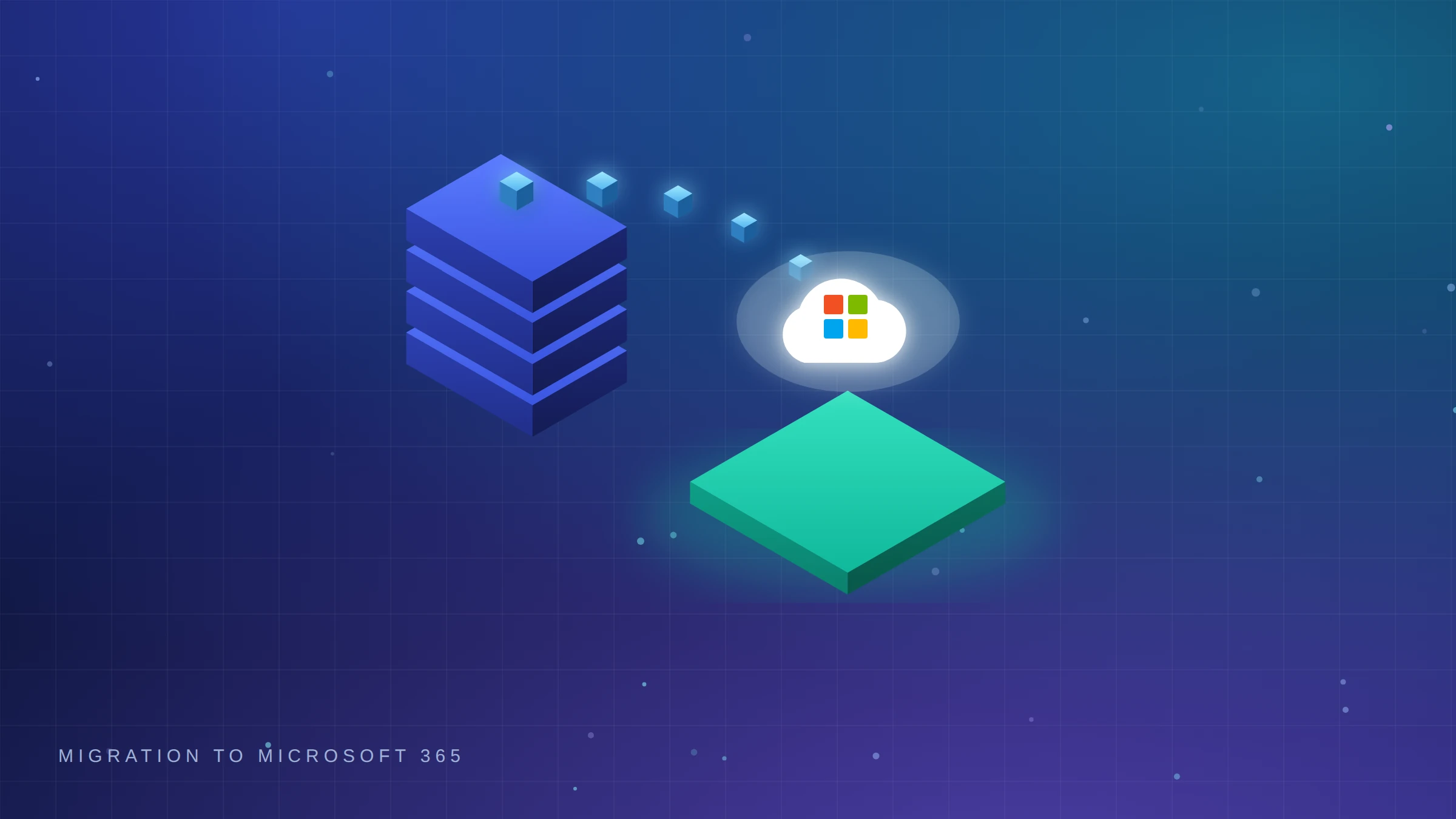 Isometric illustration of Office 365 migration moving email and data from an on-premises server to the Microsoft 365 cloud