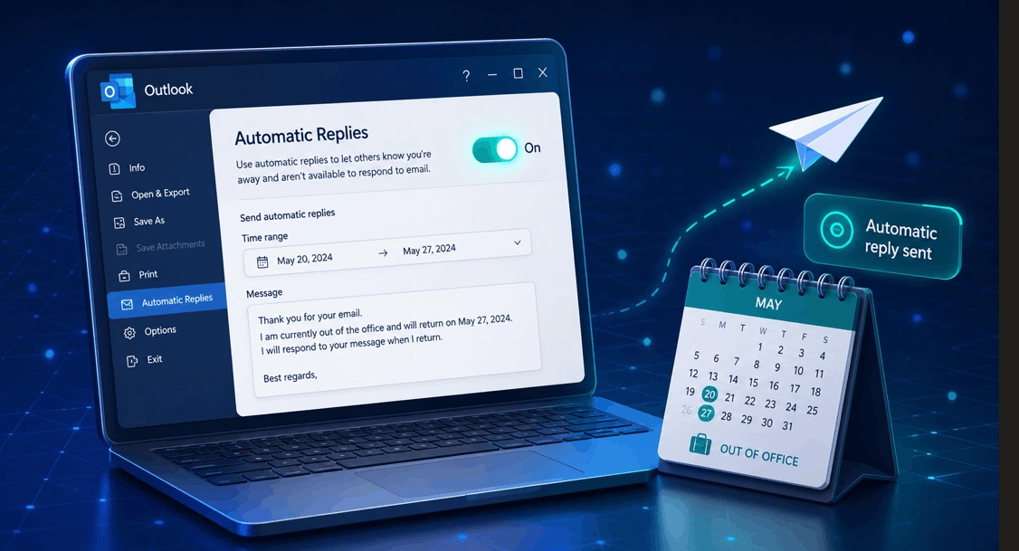 Setting an out of office automatic reply in Outlook