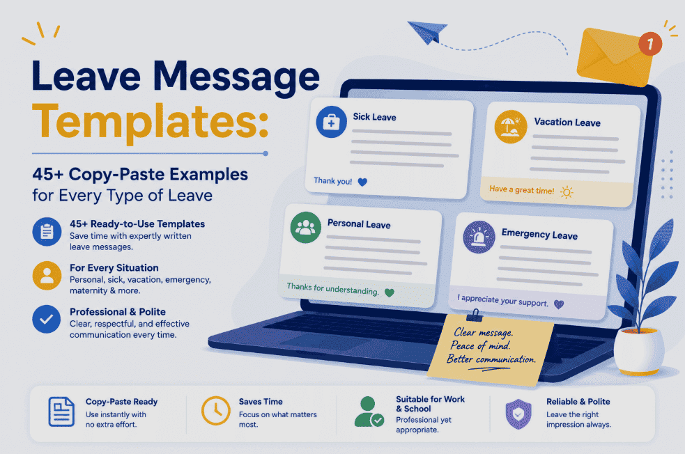 Leave message templates — out-of-office and away message examples for every type of workplace leave in 2026