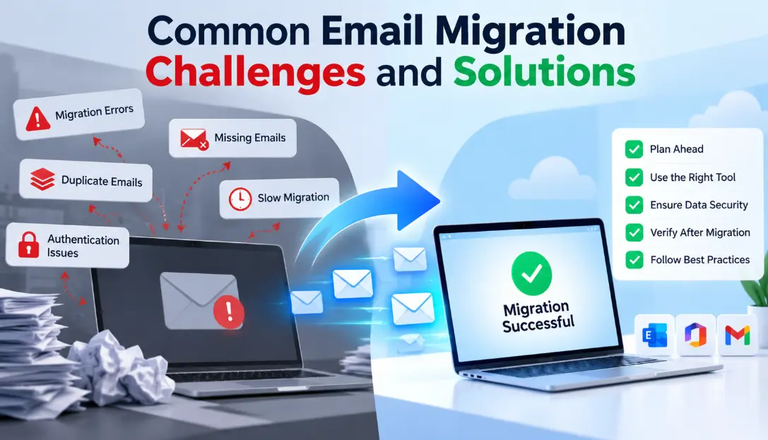 Common email migration challenges and solutions, showing mailbox data moving between Exchange, Office 365, IMAP and Google Workspace